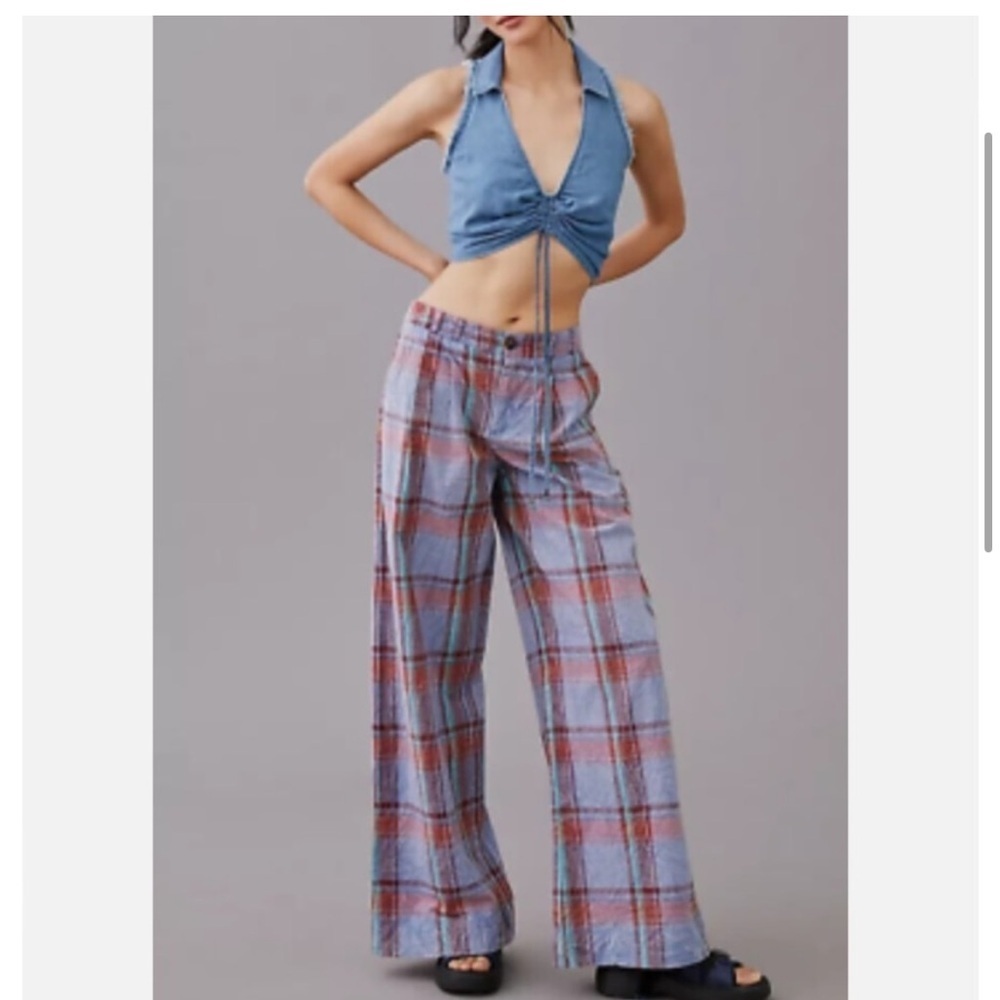 By Anthropologie - Plaid Wide Leg Pants Blue Burgundy - Picture 1 of 9